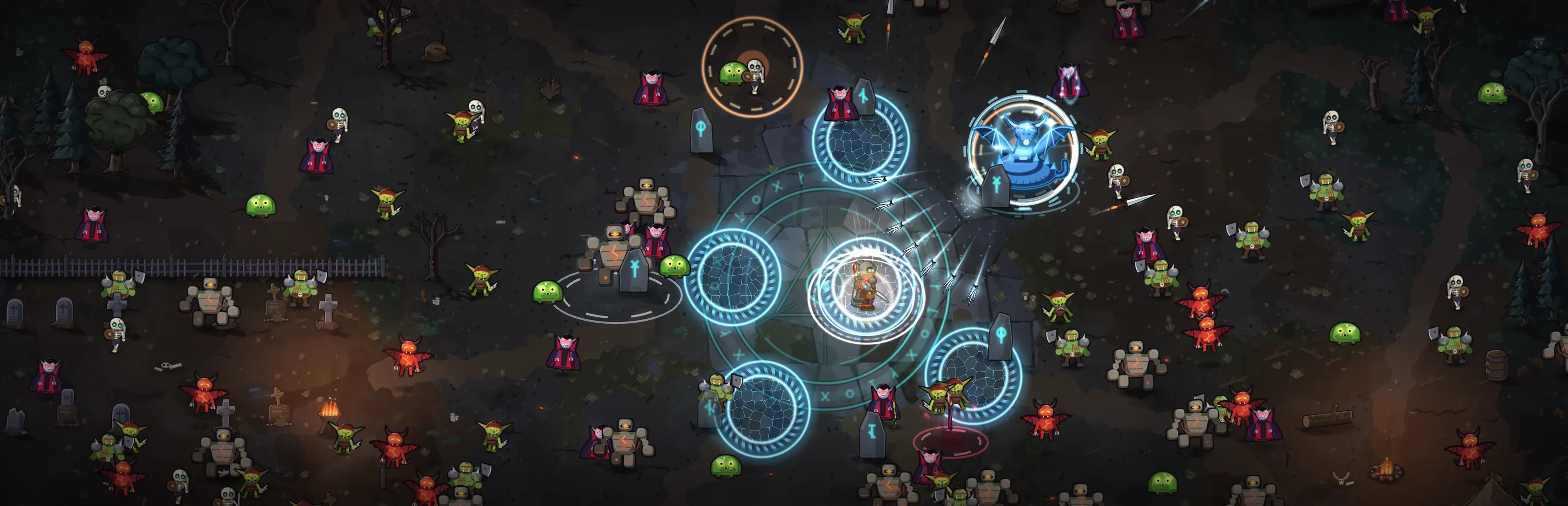 Arte do jogo: um caçador encapuzado em um círculo rúnico brilhante, cercado por novas de gelo, facas voando e uma horda de goblins, esqueletos e demônios.