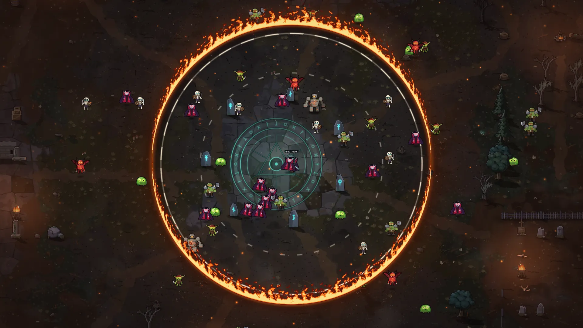 Wildfire: a ring of flames closes around the hero and the horde in the Ashen Wilds.
